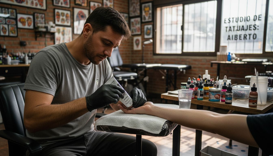 El tatuador aplica crema anestésica sobre la piel del cliente antes de comenzar el trabajo en el estudio.