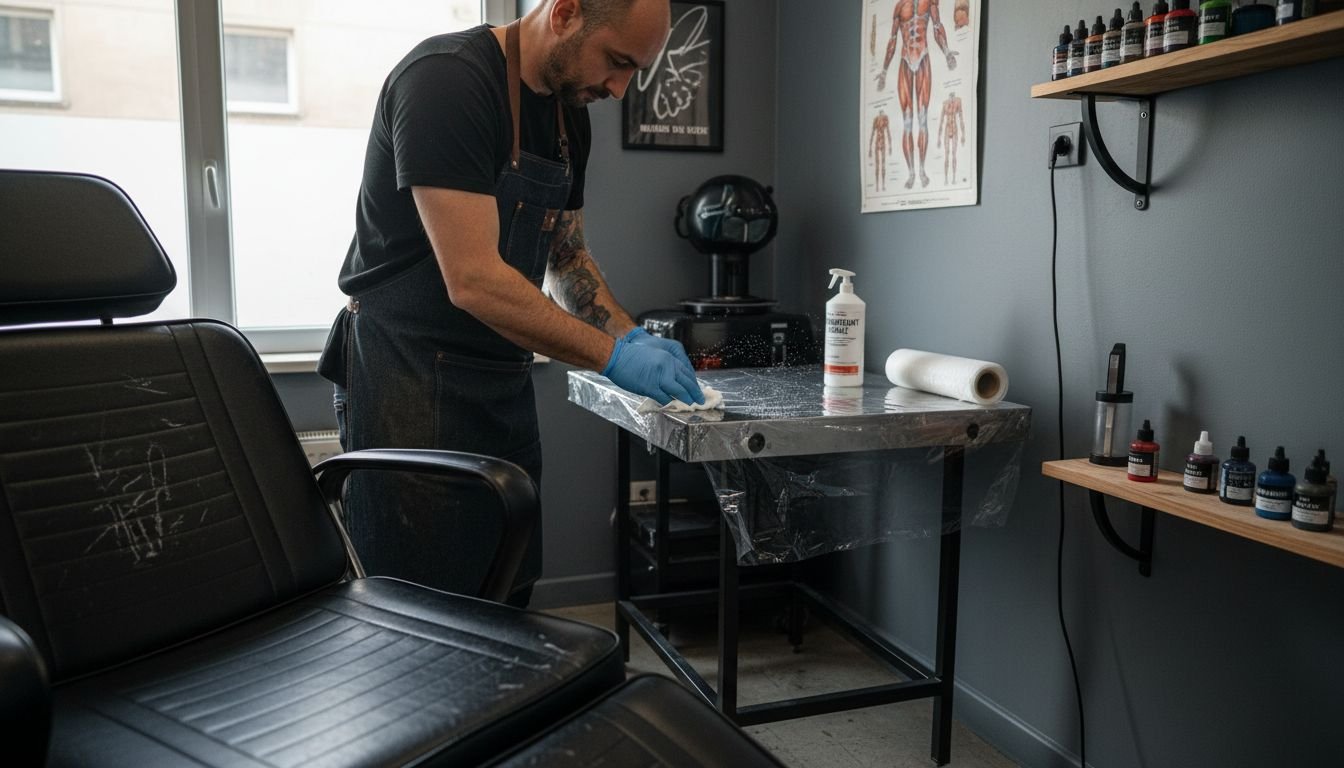Le tatoueur s’affaire à installer et désinfecter son espace de travail avant de commencer sa séance.