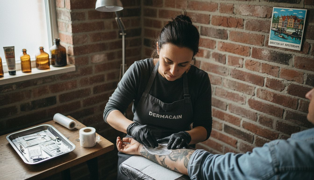 Een tatoeëerder brengt verdovende crème aan voorafgaand aan een sessie in de studio.