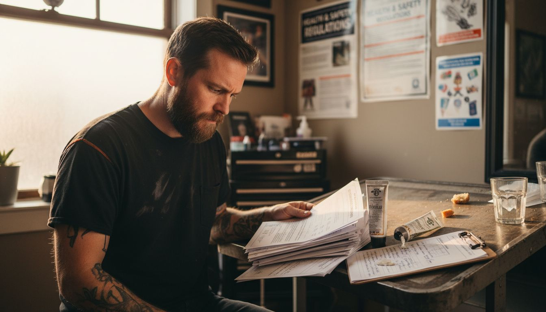 Tattoo artist reviewing numbing cream certifications