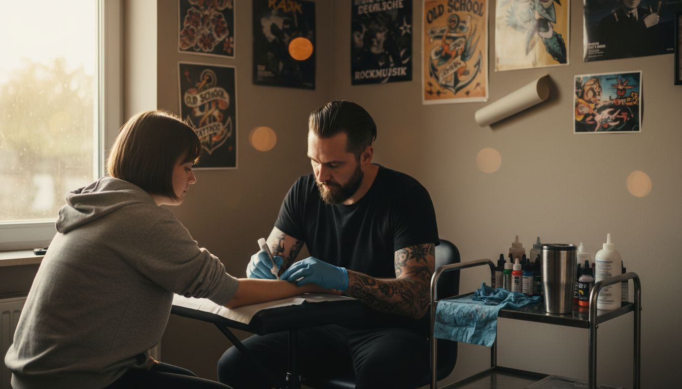 Ein Tätowierer trägt eine betäubende Creme auf die Haut seines Kunden auf, um das Schmerzempfinden während des Stechens zu reduzieren.