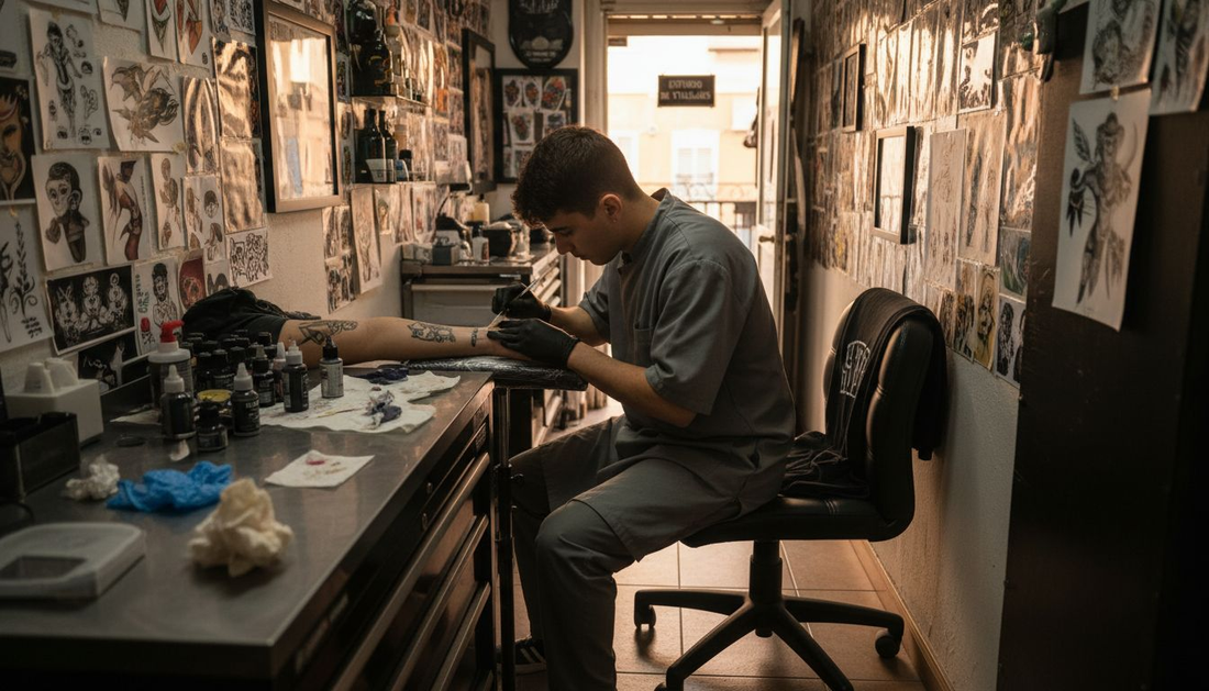El tatuador aplica crema anestésica antes de empezar la sesión en el estudio.