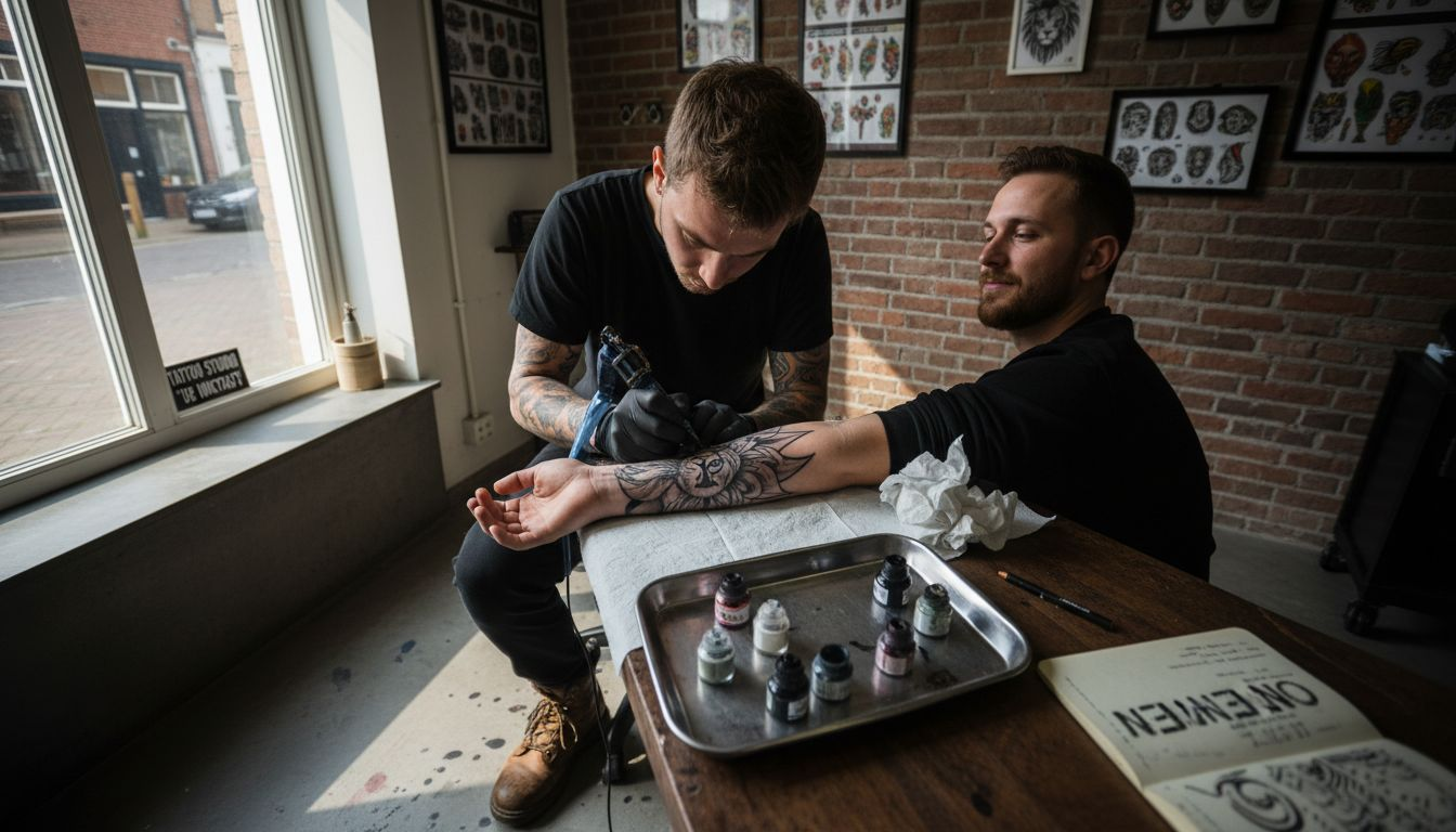 Een tatoeëerder aan het werk in een zonnige studio.