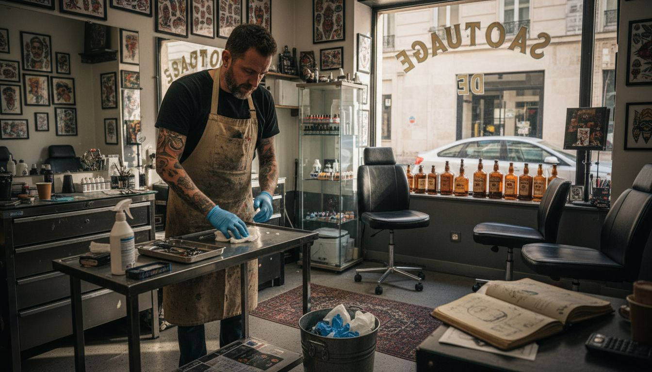 Un tatoueur s'affaire à préparer son matériel dans un studio baigné de lumière.