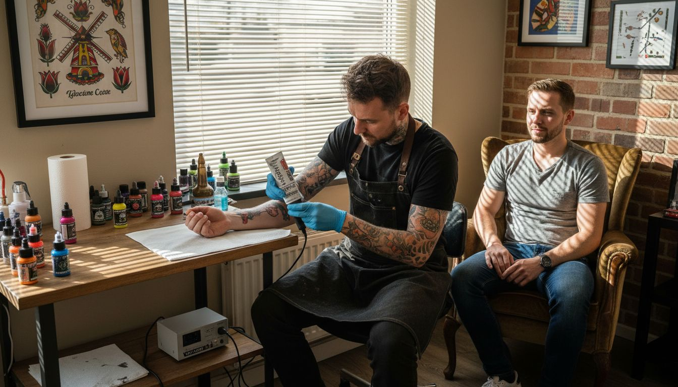 De tatoeëerder brengt voor de sessie een verdovende crème aan om het ongemak te verminderen.