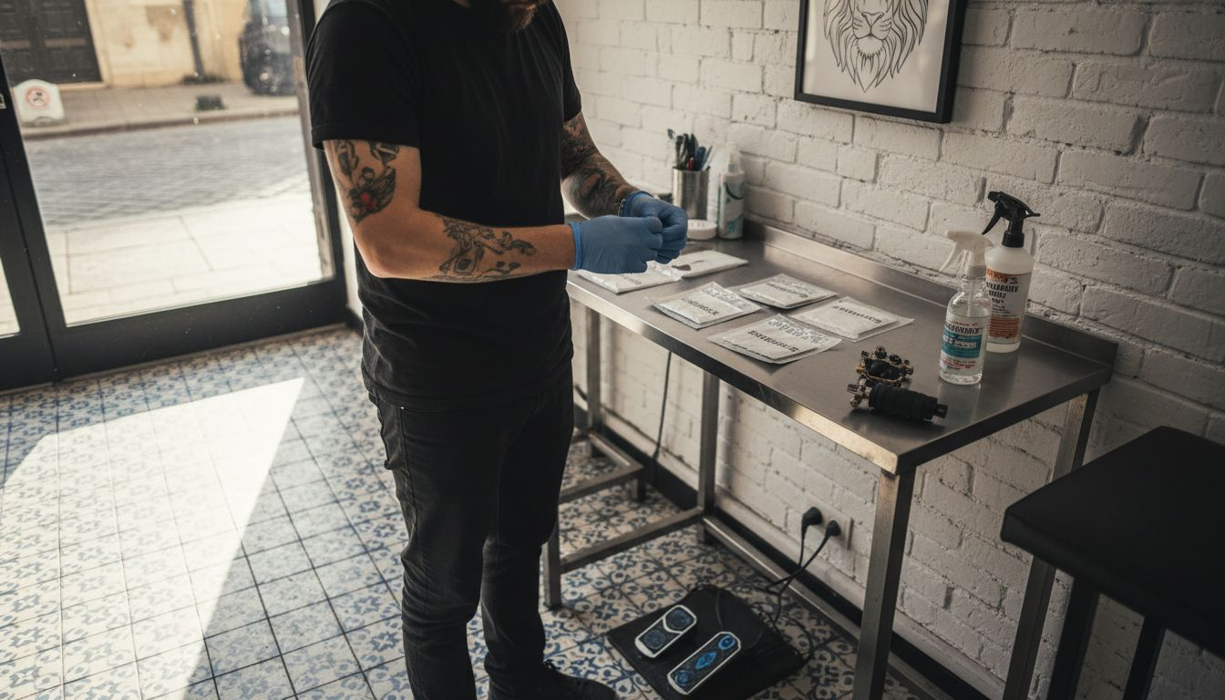 Le tatoueur prend soin de préparer son espace de travail en respectant des règles d’hygiène strictes, afin de garantir un environnement parfaitement propre pour chaque client.