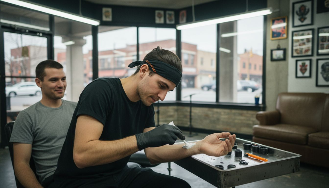Tattoo artist applying numbing cream to client