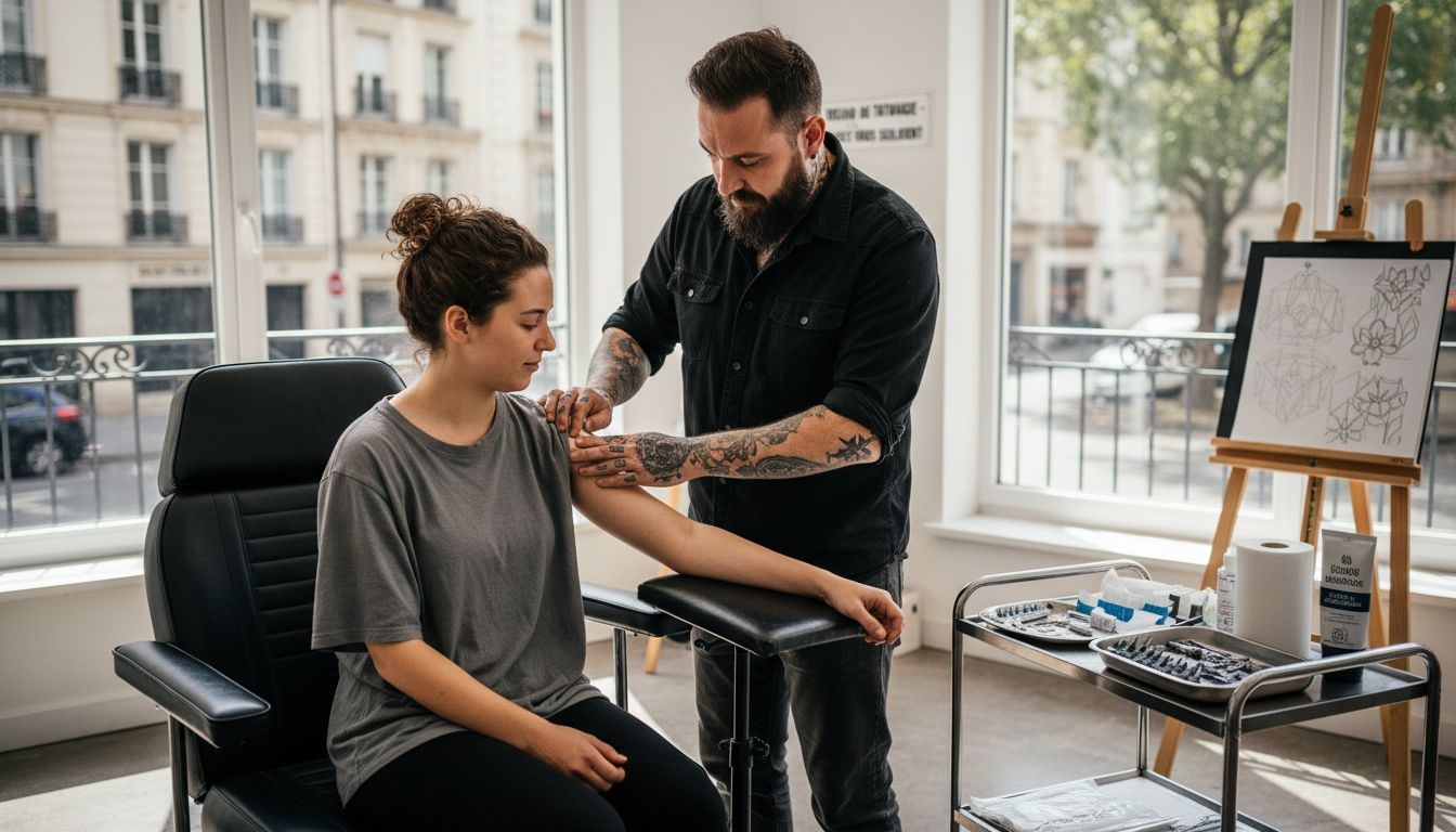 Avant de commencer la séance, le tatoueur applique une crème anesthésiante pour atténuer la douleur.
