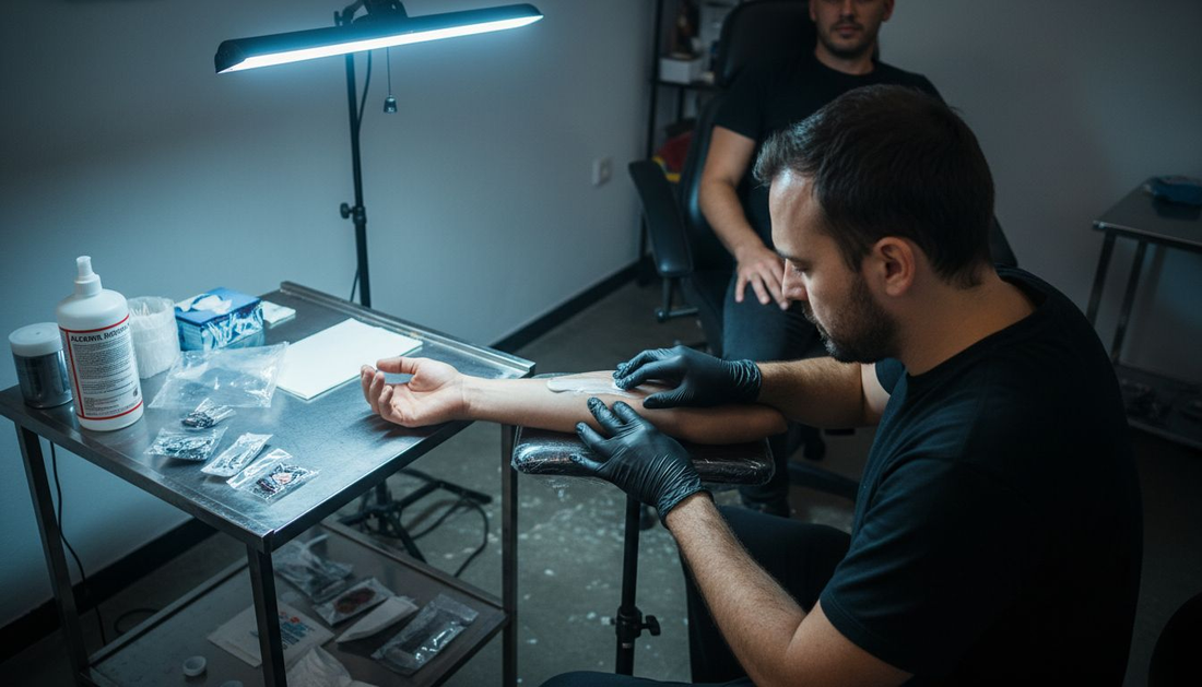 El tatuador le aplica crema anestésica al cliente antes de empezar la sesión.