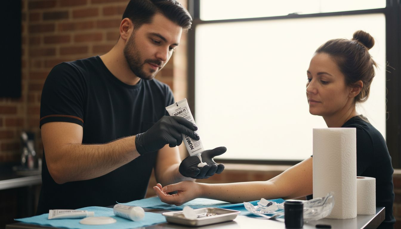 Tattoo artist preparing anesthetic cream on client's arm