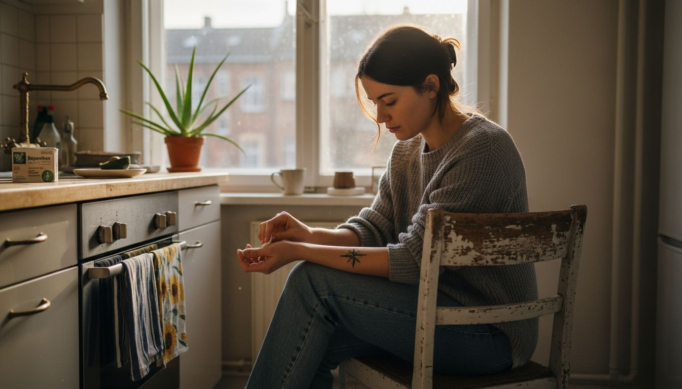 Eine Frau pflegt ihr frisch gestochenes Tattoo und trägt vorsichtig eine Heilsalbe auf.