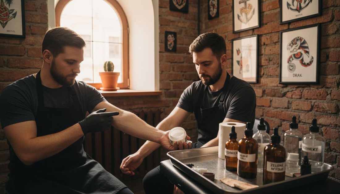 Tatér v salonu nanáší znecitlivující krém před samotným tetováním.