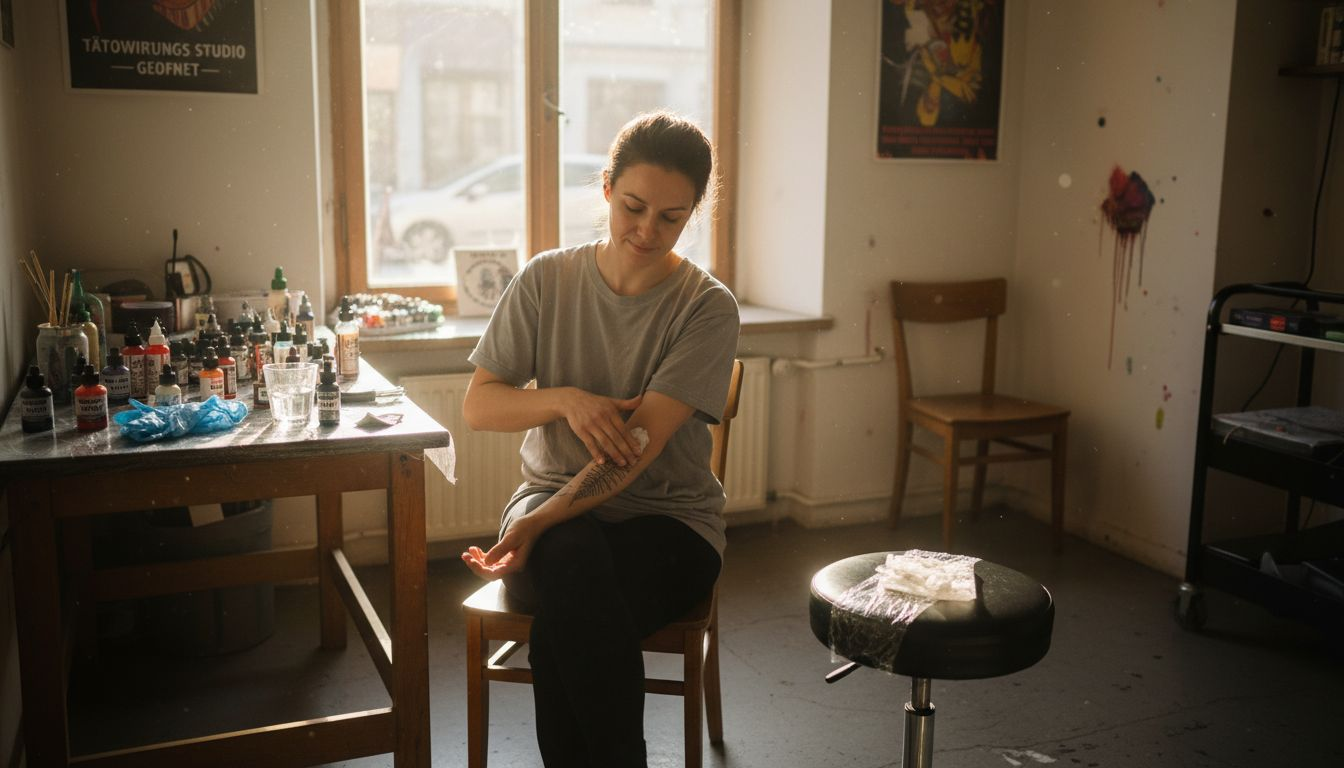 Eine Frau bereitet sich auf ihre Tätowierung vor und trägt vor dem Termin eine betäubende Creme auf, um die Schmerzen zu lindern.