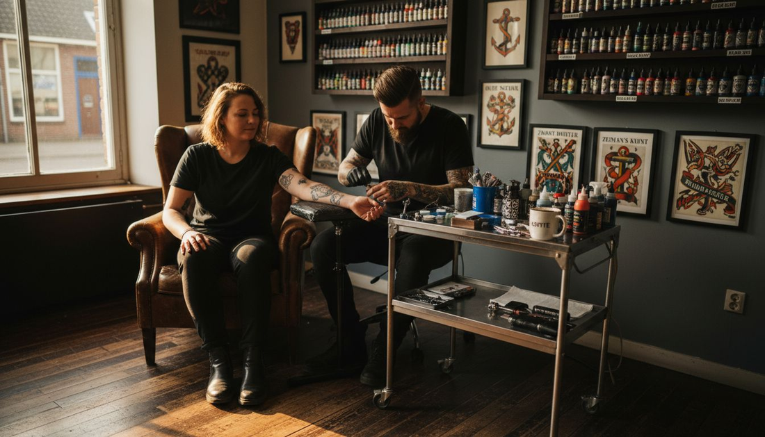 Vrouw laat op ontspannen wijze een tatoeage zetten in de studio