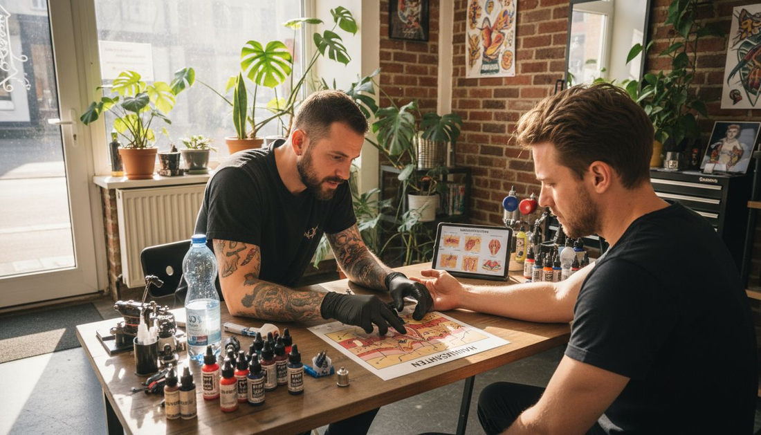 Ein Tätowierer berät seinen Kunden individuell dazu, wie sich das jeweilige Hautbild auf das Tattoo auswirken kann.
