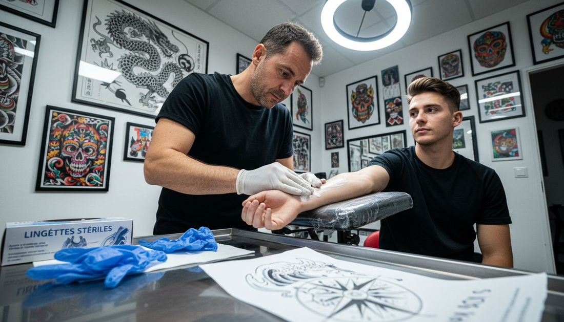 Le tatoueur applique une crème anesthésiante sur le bras du client avant de commencer la séance.