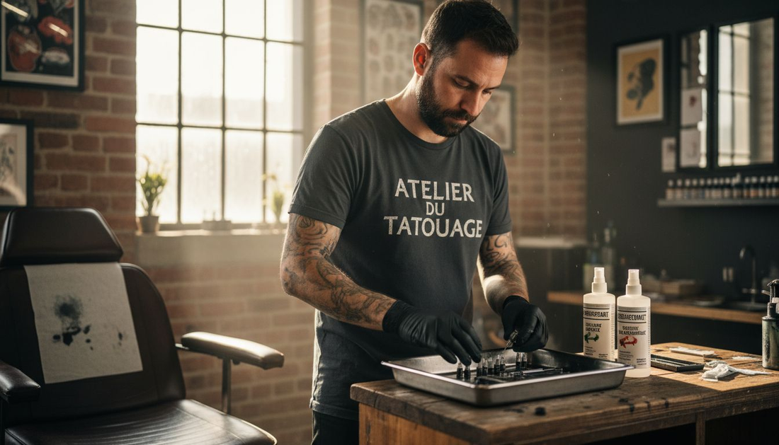 Un tatoueur prend soin de préparer son matériel stérilisé avant de commencer une séance en studio.