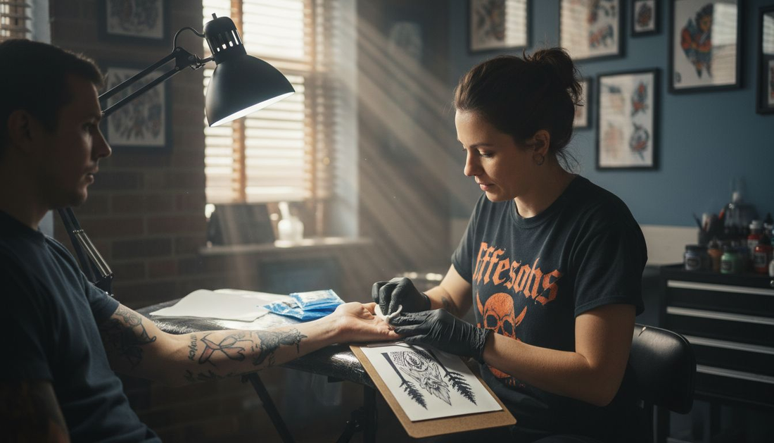 Tattoo artist prepping client’s skin with supplies