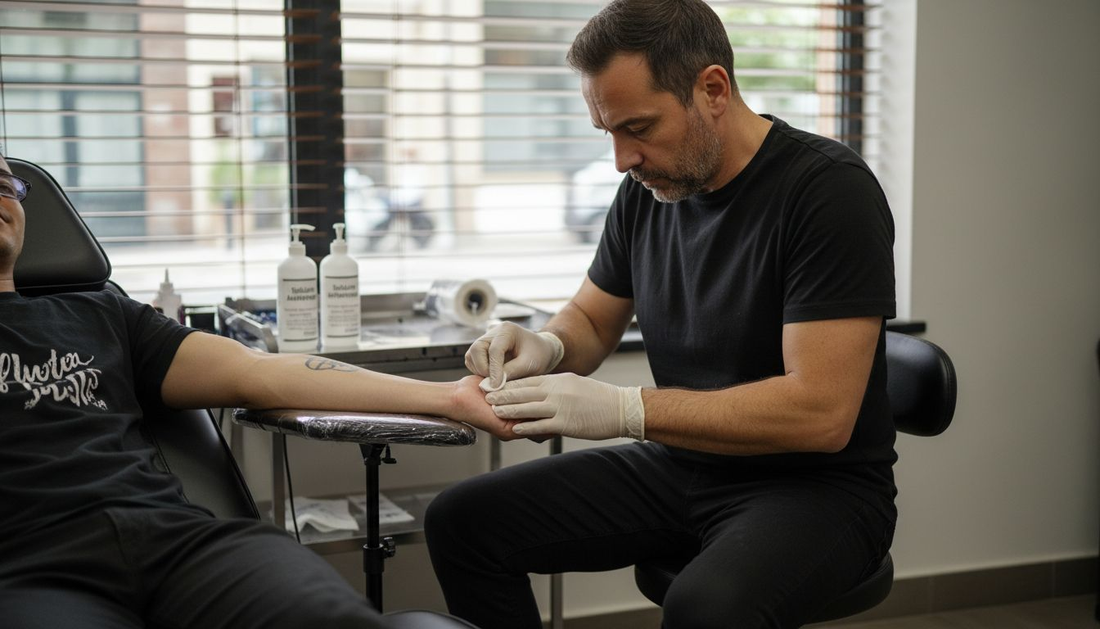 Un tatoueur en train de préparer le bras de son client avant de commencer le tatouage.