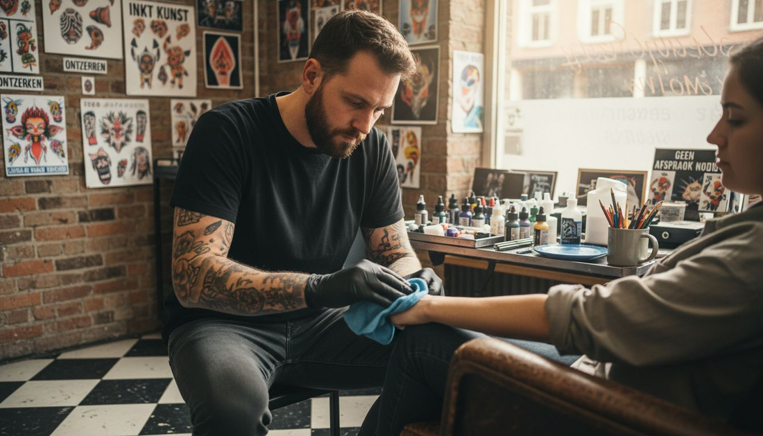 De tatoeëerder bespreekt met de klant hoe hij het beste om kan gaan met de pijn tijdens het zetten van de tattoo.