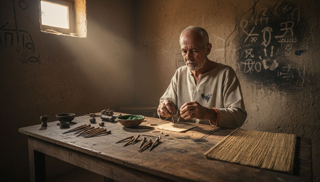 Ancient tattoo artist with primitive pain relief tools