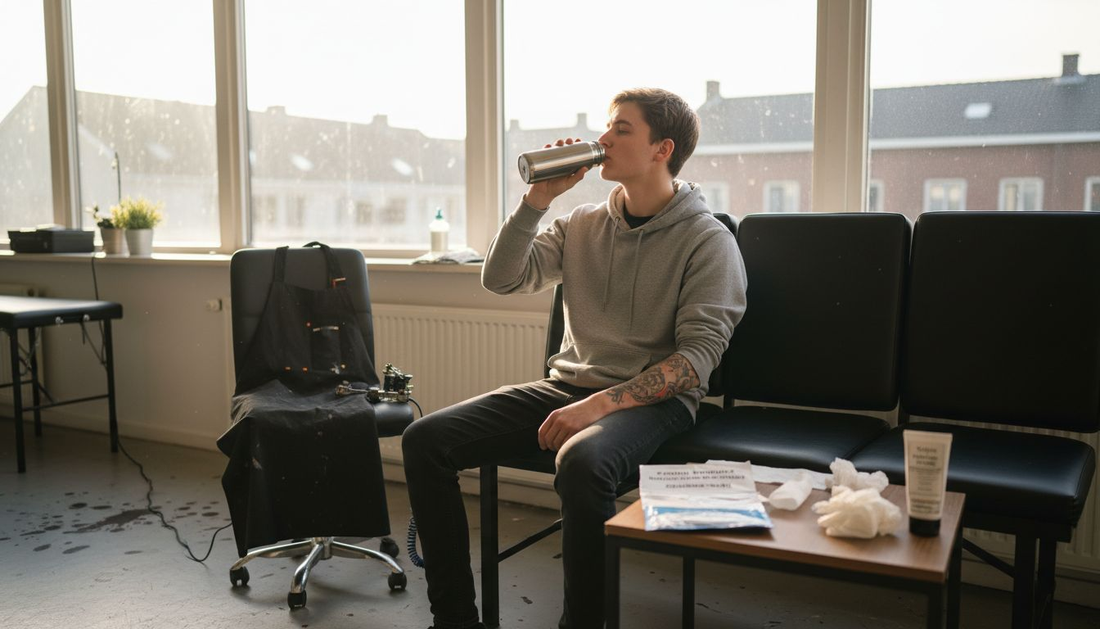 Klant zorgt ervoor dat de huid goed gehydrateerd is ter voorbereiding op het zetten van een tatoeage.