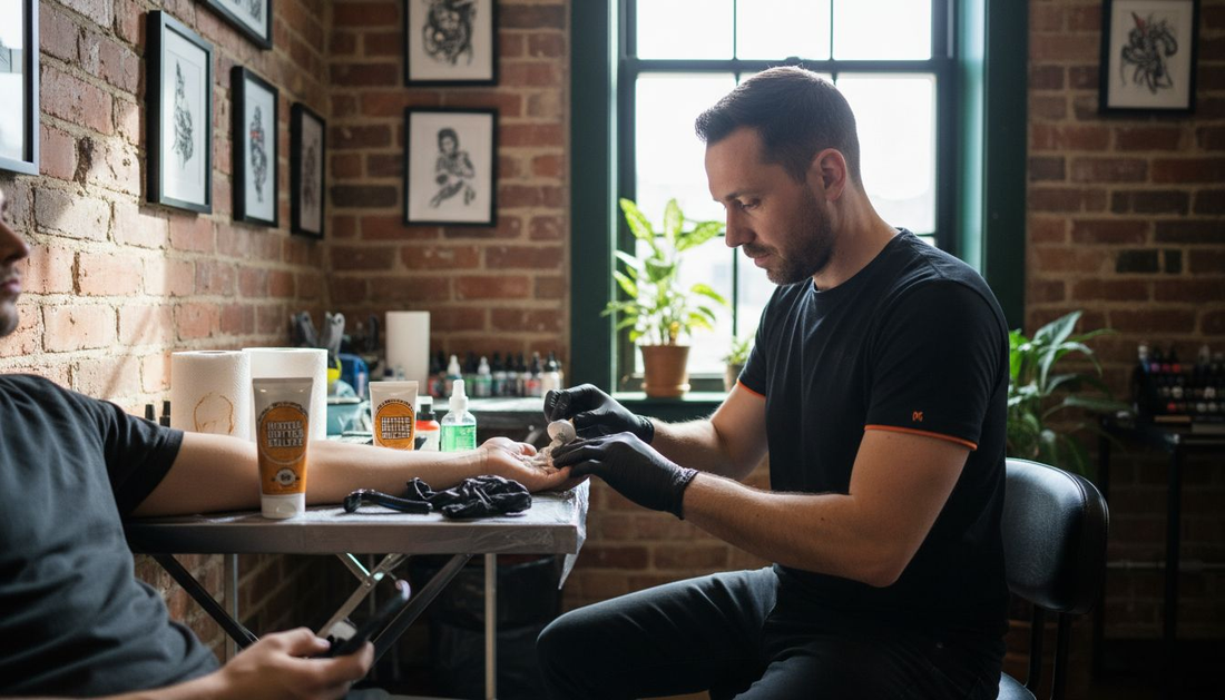 Tattoo artist applying anesthetic cream