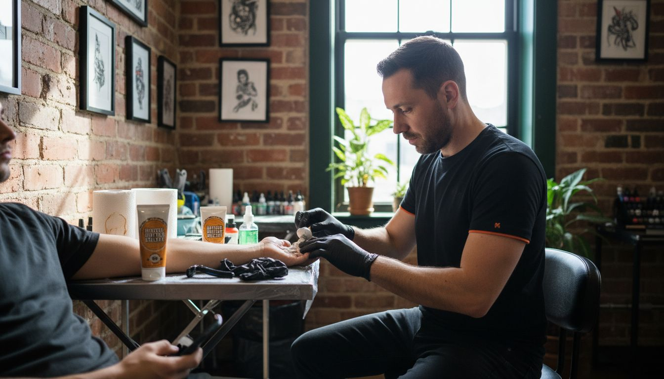 Tattoo artist applying anesthetic cream
