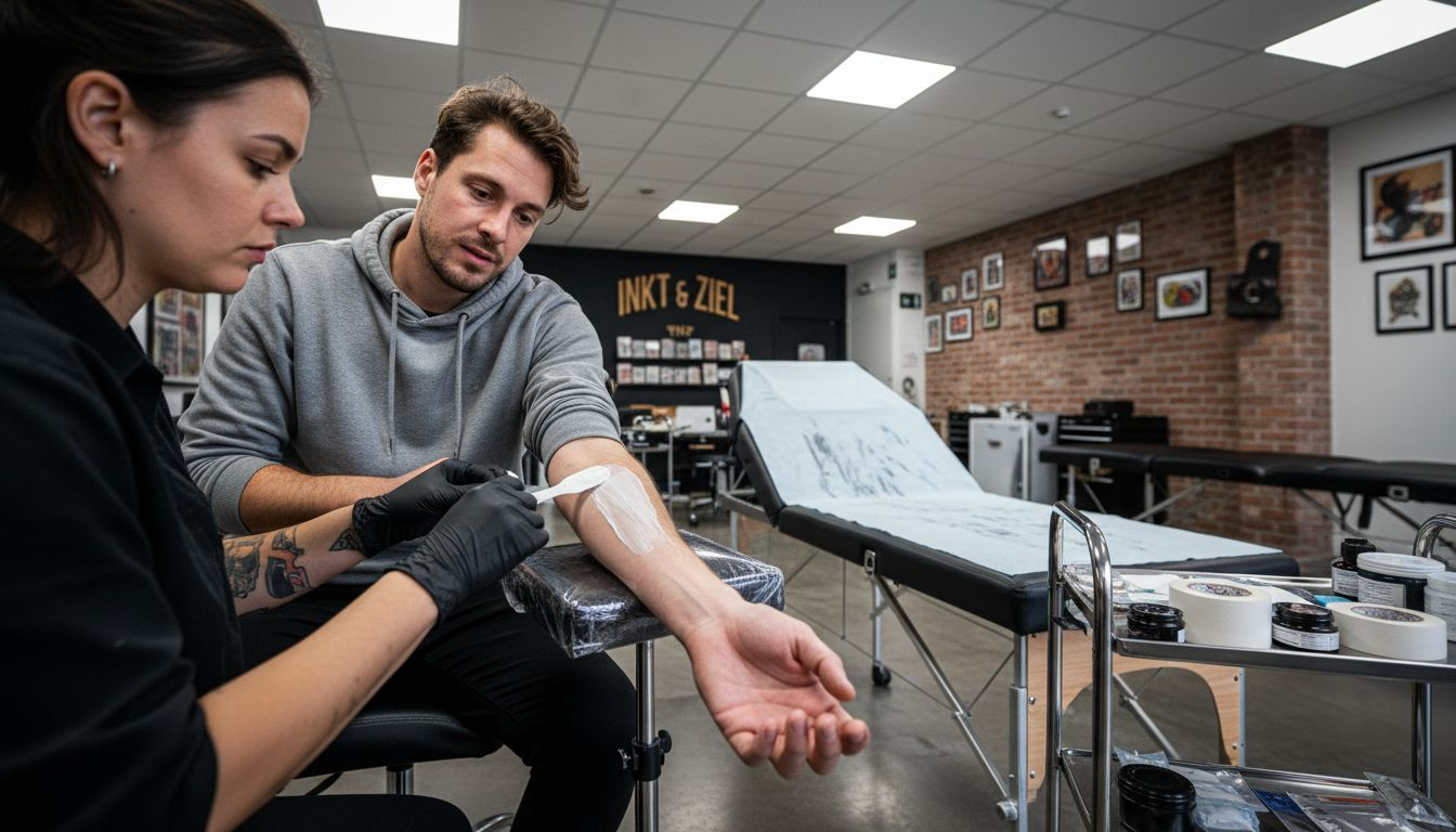 De tatoeëerder brengt in de studio verdovende crème aan voordat hij begint met tatoeëren.