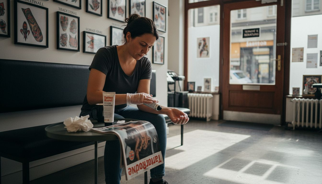 Vor dem Tätowieren trägt der Kunde eine betäubende Creme auf, um die Schmerzen zu lindern.