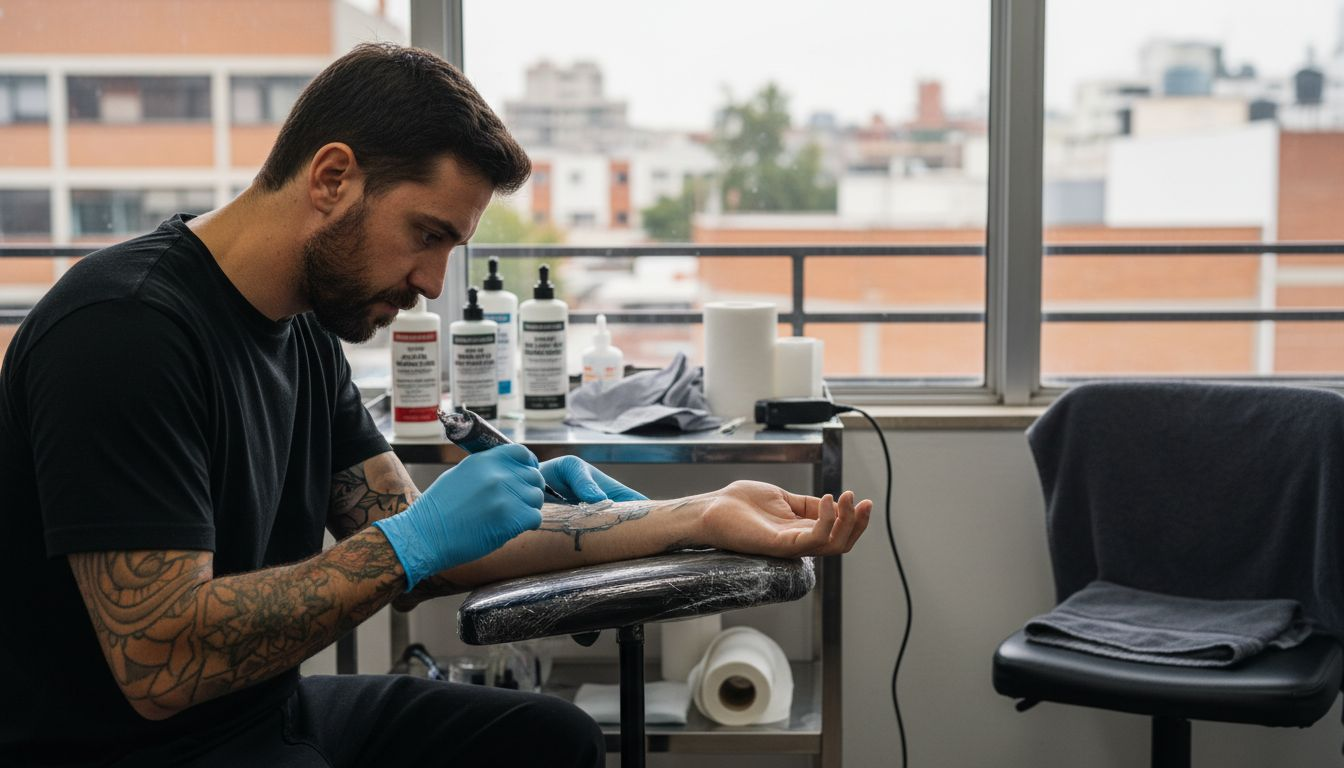 Tatuador preparando la piel en un estudio impecable