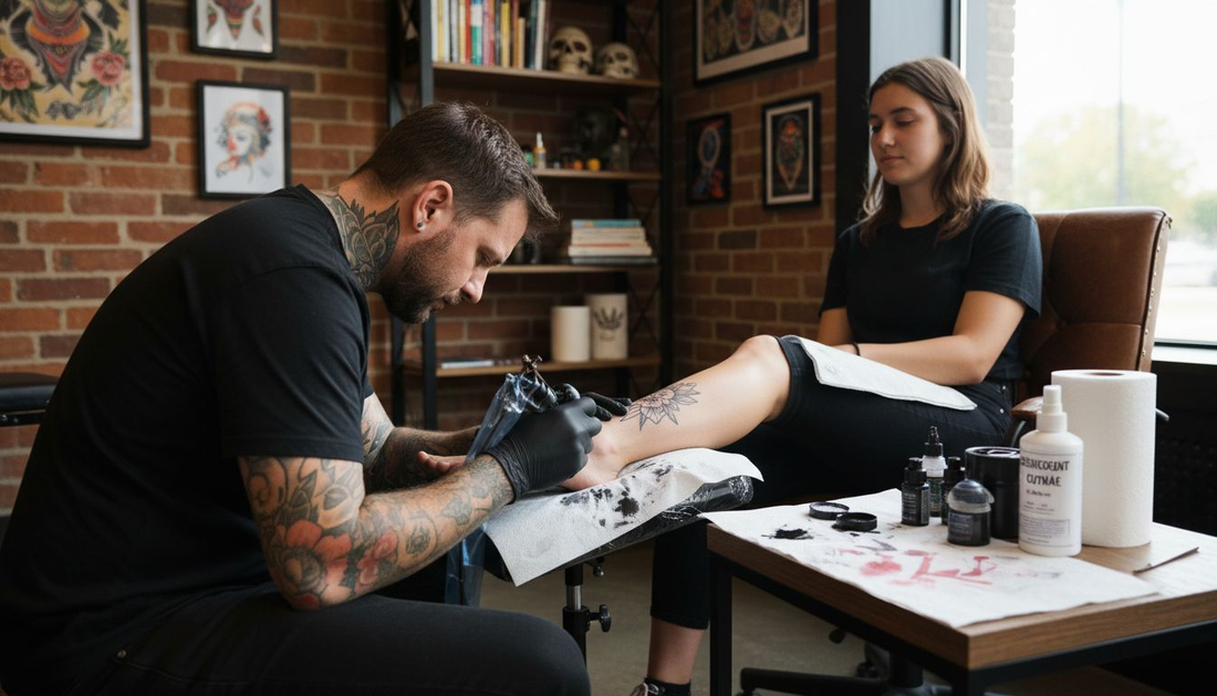 Un tatoueur en pleine réalisation d’un tatouage sur la cheville d’un client, dans son studio.
