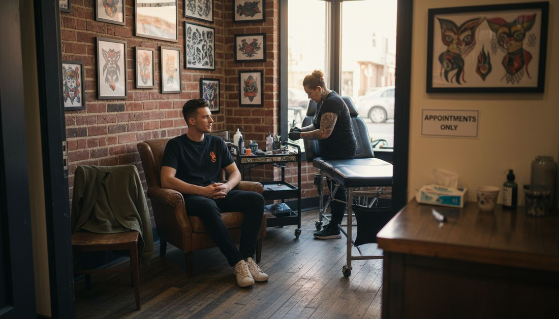 Beginner receiving pain free tattoo in studio