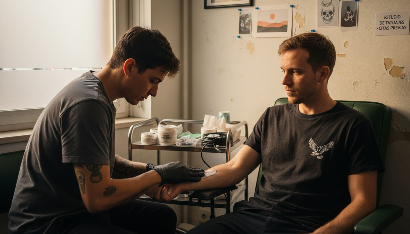 El tatuador está aplicando una crema anestésica en el brazo del cliente para reducir las molestias durante la sesión.