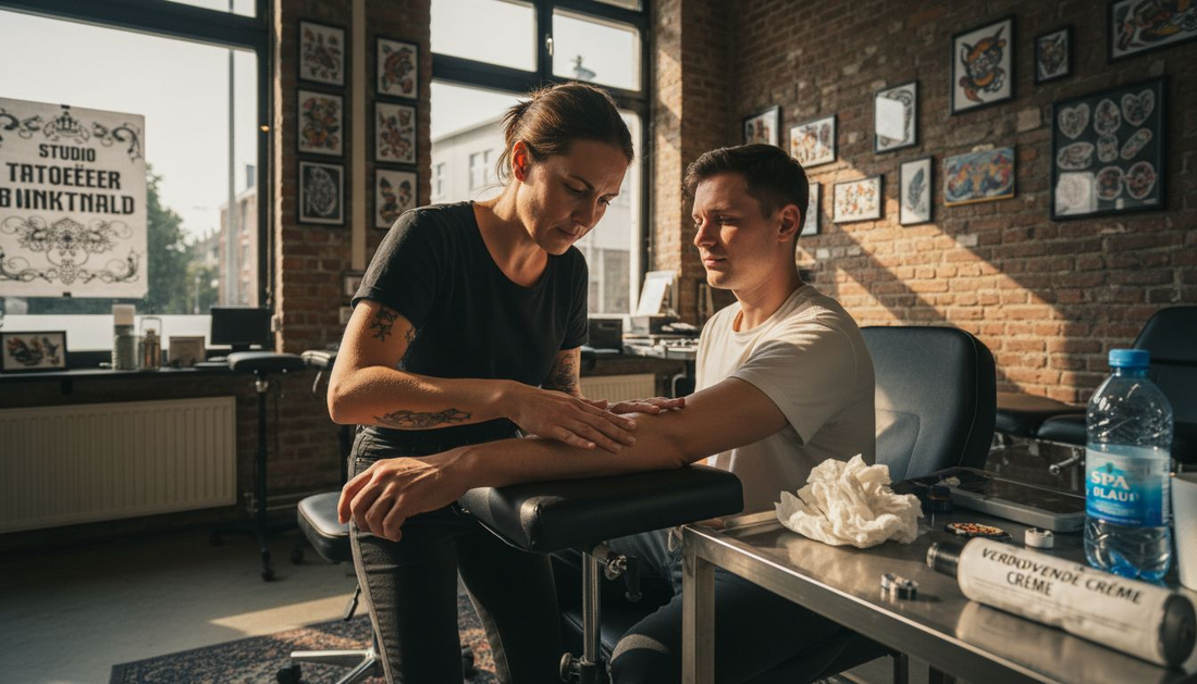 Tattoo artist applies cream on client arm
