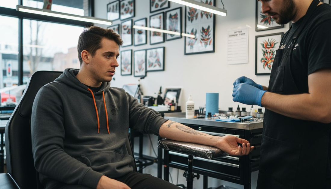 Tattoo client and artist preparing numbing cream