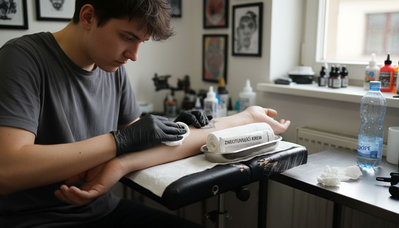 Tatér nanáší krém na čerstvé tetování ve svém studiu.