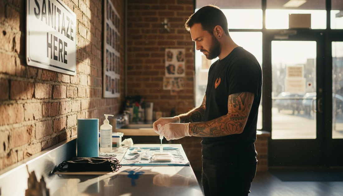 Tattoo artist prepares sterile workspace