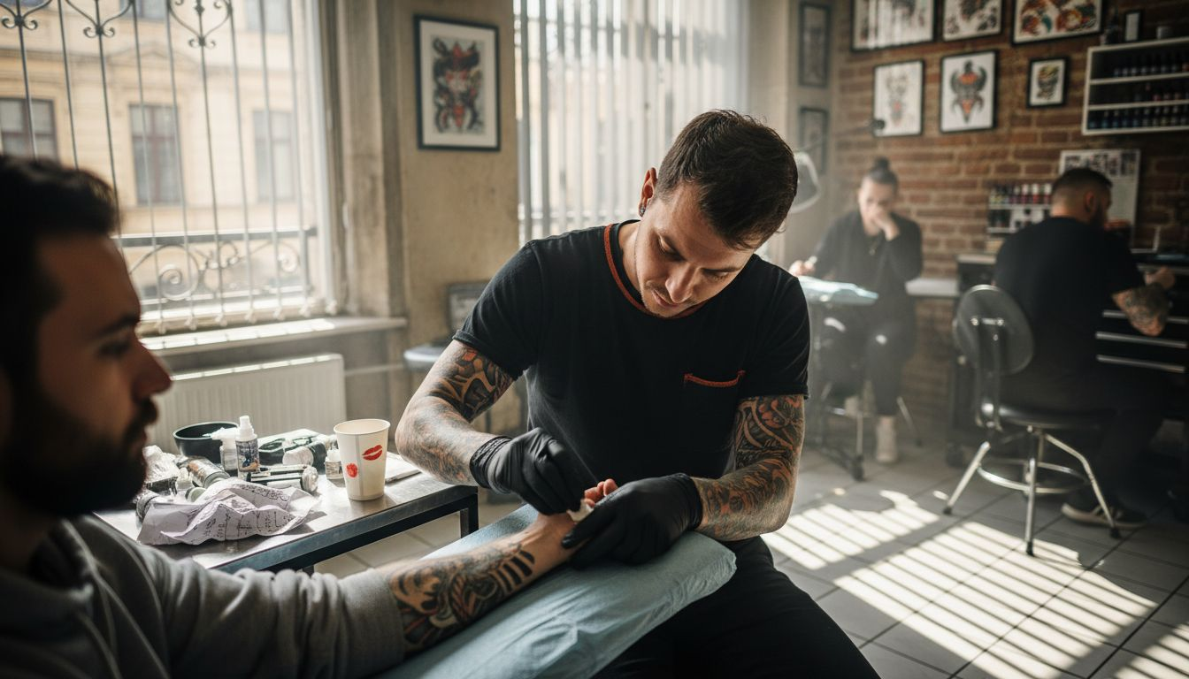 Tattoo artist applying numbing cream in studio