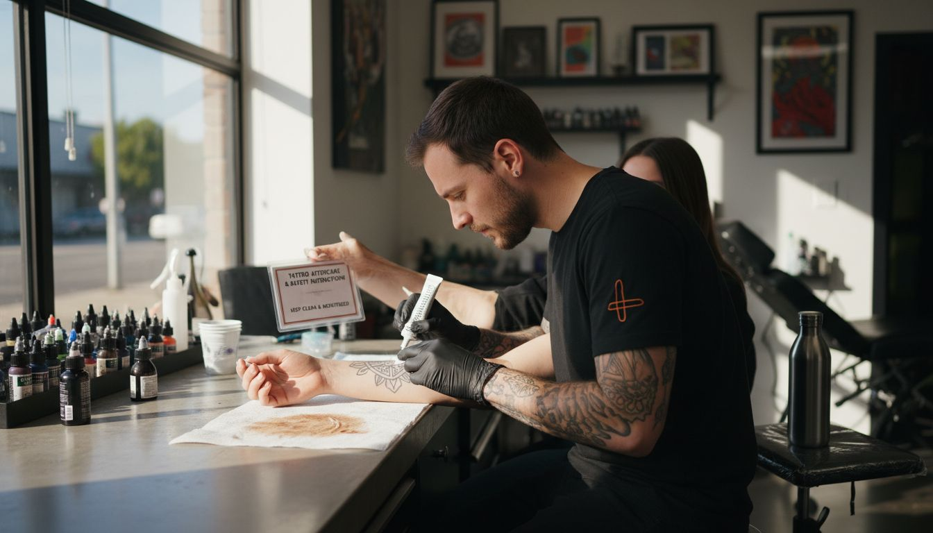 Tattoo artist applying numbing cream to client