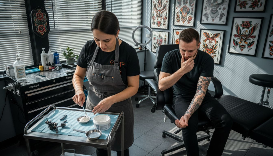 Tattoo artist preparing numbing cream for client
