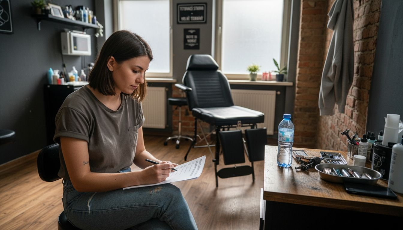 Žena u tatéra si pečlivě prochází seznam věcí, které je potřeba před tetováním zkontrolovat.