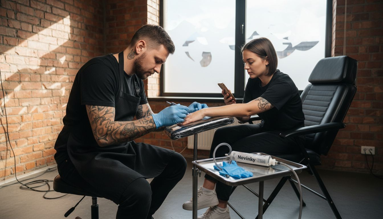 Tatérka nanáší na kůži klienta znecitlivující krém, aby bylo tetování příjemnější.