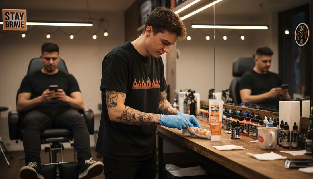 Tattoo artist applies numbing cream in studio