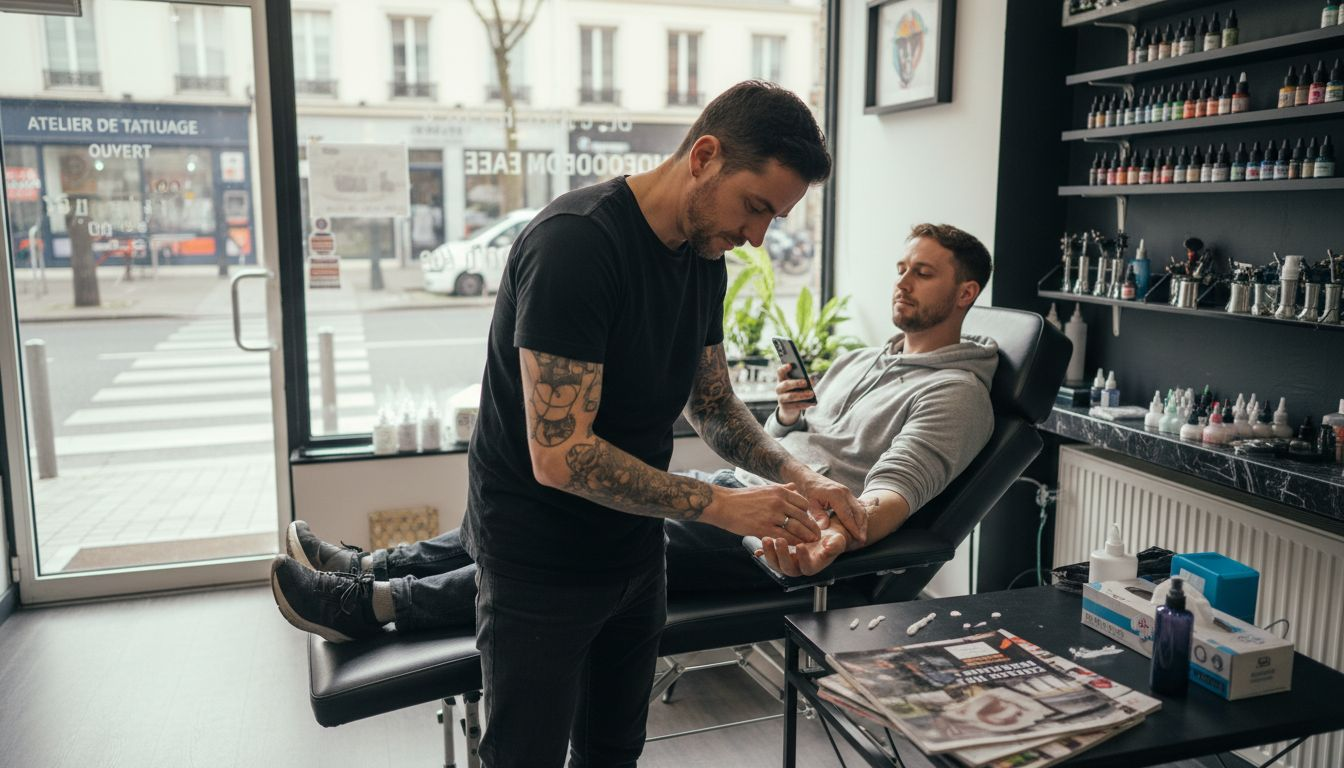 Le tatoueur applique une crème anesthésiante sur la peau avant de commencer le tatouage.