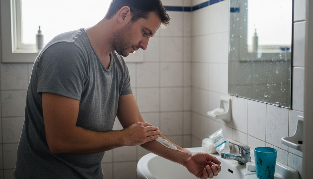 J'applique ma crème pour tatouage sur mon bras, tranquillement installé dans la salle de bain.