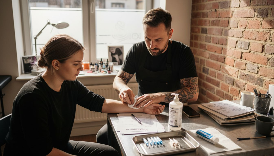 Tätowierer bereitet Kundin mit Allergien sorgfältig vor