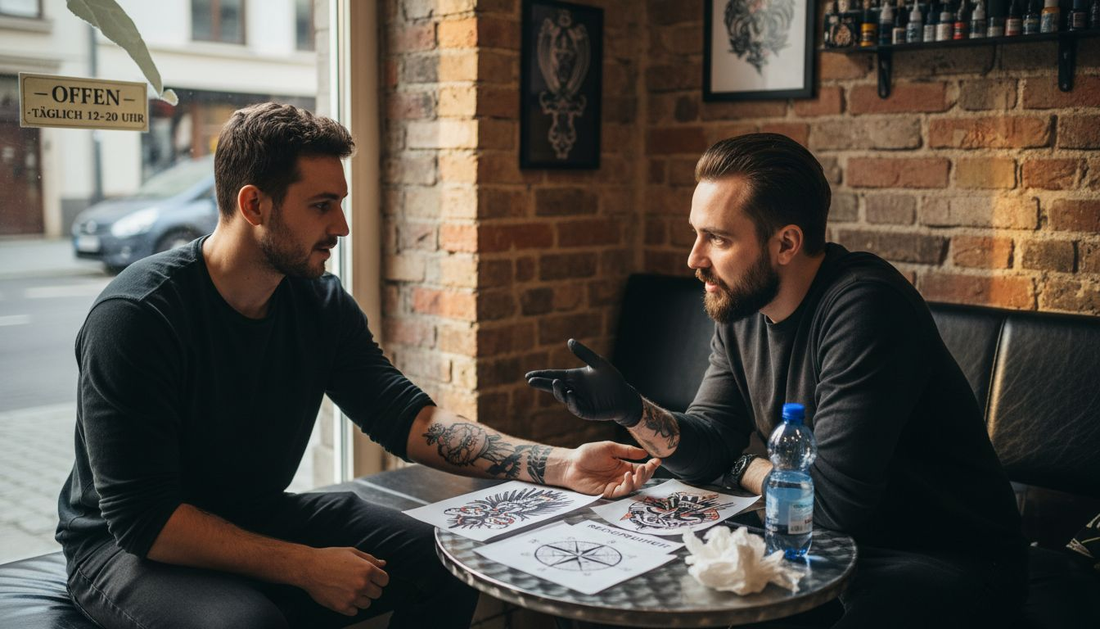Ein Kunde lässt sich von seinem Tätowierer beraten, wie schmerzhaft das Stechen des Tattoos werden könnte.