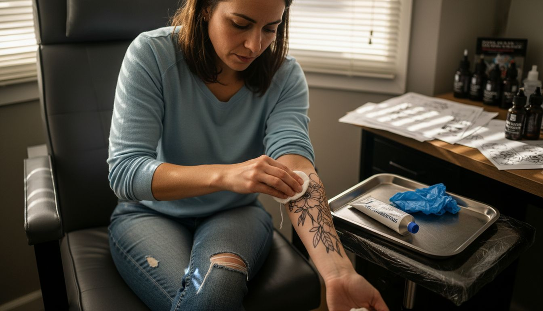 Une femme nettoie sa peau avant de se faire tatouer en studio.