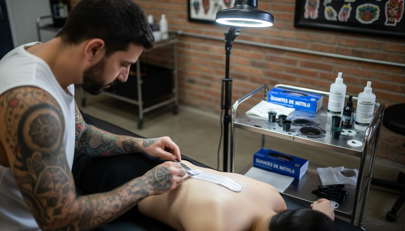 El tatuador extiende una crema anestésica sobre la zona que va a tatuar.